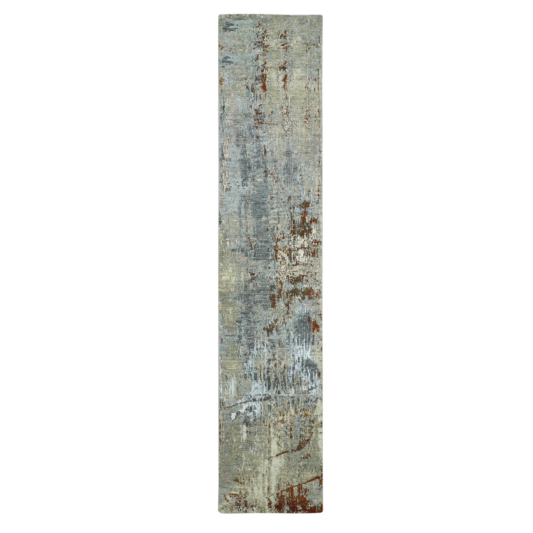 Nevada Gray with Beige, 100% Wool, Abstract with Galaxy Design, Persian Knot, Hand Knotted, Densely Woven, Runner, Oriental Rug